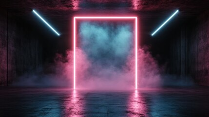 A dark room featuring a glowing neon frame with pink and blue smoke swirling inside, creating a futuristic and surreal atmosphere.