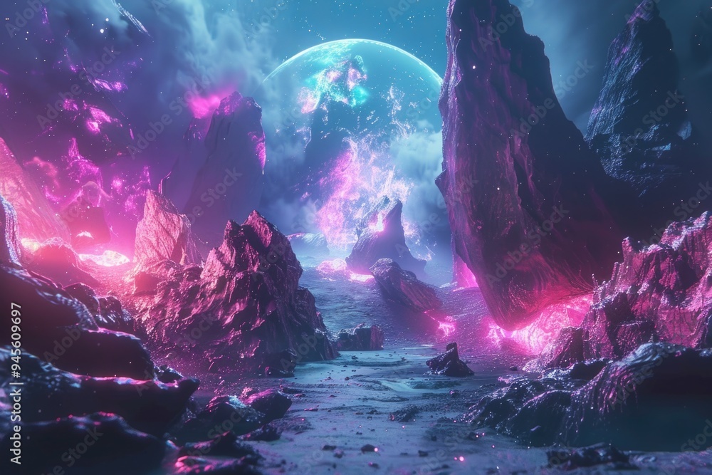 Poster A futuristic and barren alien terrain with a distant planet in the background, suitable for science fiction or futuristic themed projects
