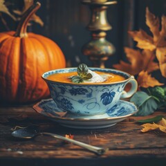 Autumn Still Life with Pumpkin Soup, Vintage Teacup and Fall Leaves on Rustic Wooden Table