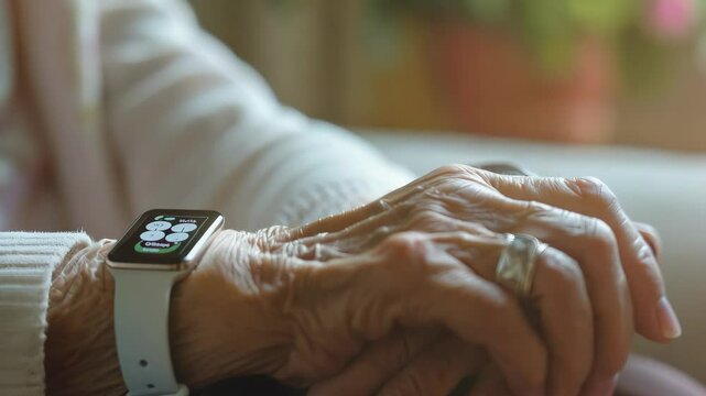An elderly woman's hands, adorned with a smartwatch, showcase the blend of tradition and modern technology, highlighting the connection between generations and innovation.