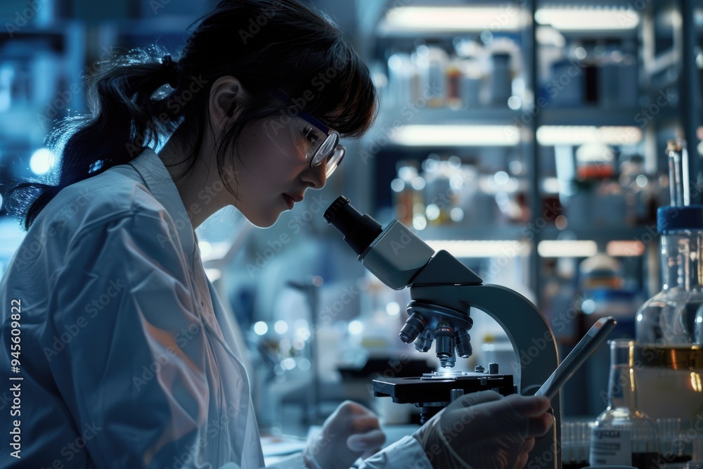 Poster a scientist studying a specimen under magnification