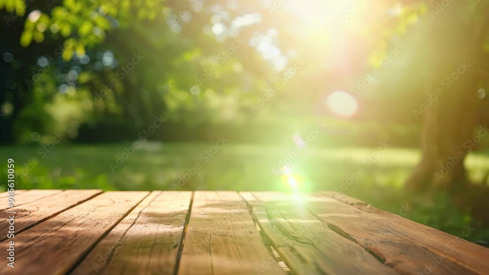 Poster a wooden table stands elegantly, illuminated by sunlight filtering through lush trees in the backgro