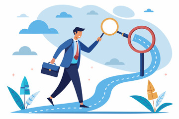 Finding career path or success route, analyze to make decision choices, discover opportunity way, directions or pathway to success concept, businessman analyze career path with magnifying glass.

