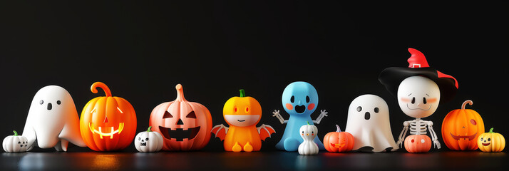 Fototapeta premium Cute Halloween 3D figures of pumpkins, ghosts, skeletons, dark background. Greeting card. Copy space. Generative AI