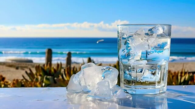 a glass of water  with  ice cubes  and  the ocean  in the background