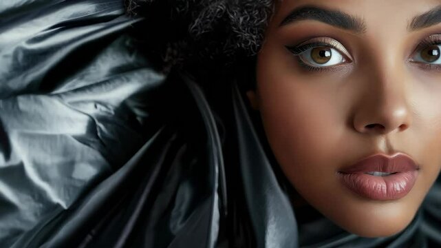 A close-up shot captures a woman's face, elegantly framed by a beautifully patterned scarf that adds depth and intrigue to her expression, highlighting her features.