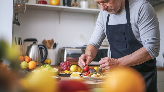 senior man in apron preparing a fruit salad in a modern kitchen with colorful produce