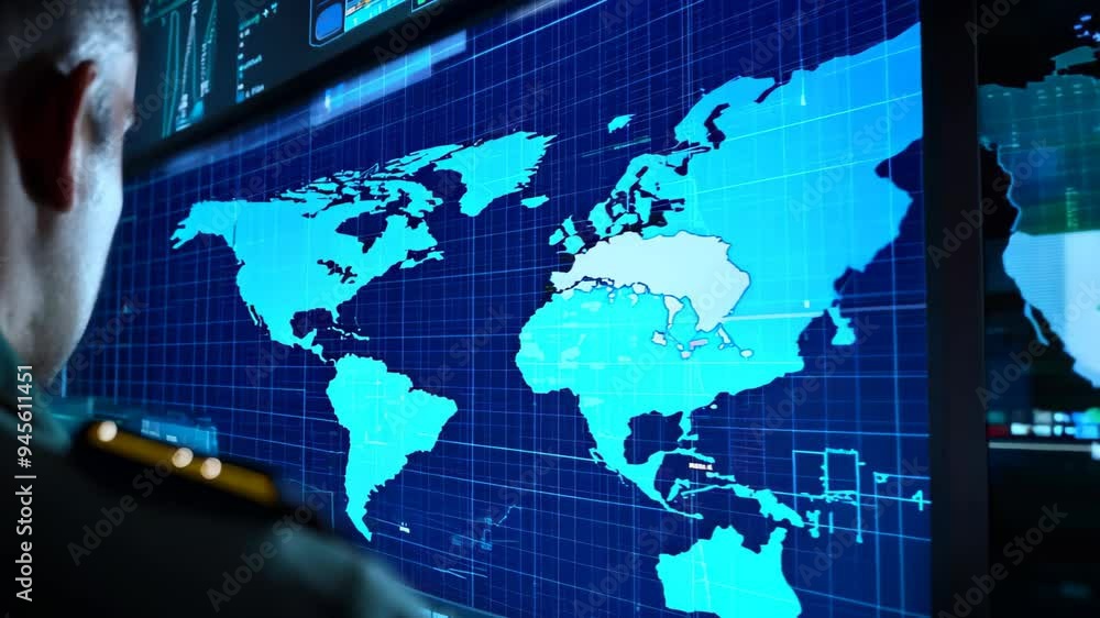 Poster a man intently gazes at a computer screen displaying a detailed world map, suggesting exploration an