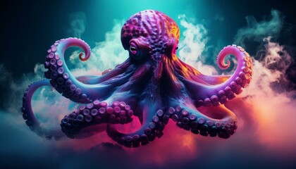 Obraz premium Dramatic octopus emerging from ink cloud with neon spotlight.