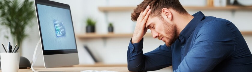 Fototapeta premium stressed young man working from home, feeling overwhelmed by computer screen, frustrated businessman working in office, exhausted employee, mental health at work