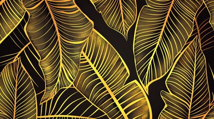 Embrace luxury with tropical leaf wallpaper, showcasing golden banana leaf line arts in a hand-drawn outline design perfect for fabric, prints, covers, banners, and invitations.