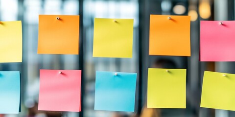 colorful sticky notes on glass wall for business ideas and project management concept.