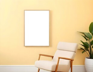 A blank framed mockup hanging on a pale yellow pastel wall, with a cozy armchair in the foreground create with ai