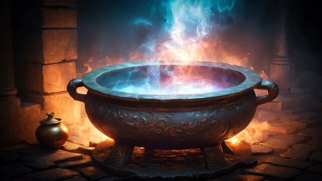 A sorcerer's cauldron boiling a potion
