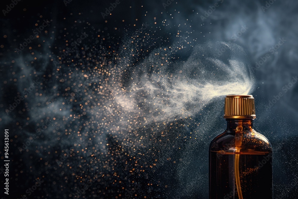 Poster A close-up view of a spray bottle on a black background, ideal for use in product demonstrations or as a design element