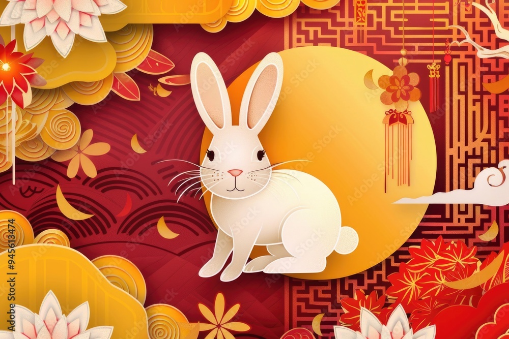 Poster a rabbit sits calmly in front of a bright full moon