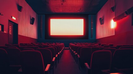 Fototapeta premium Empty movie theater with rows of red seats, the screen glowing softly before the movie begins