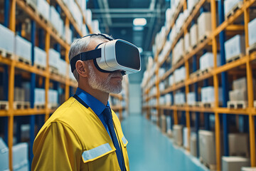 VR Warehouse Management: A senior worker wearing a VR headset navigates a modern warehouse, showcasing the innovative use of virtual reality for efficient inventory management and training.  