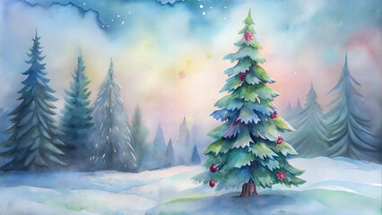 Naklejka premium Christmas Tree in a Snowy Forest, Serene Winter Landscape