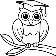 Simple line drawing of an owl on a branch perfect for kids to colour in their books
