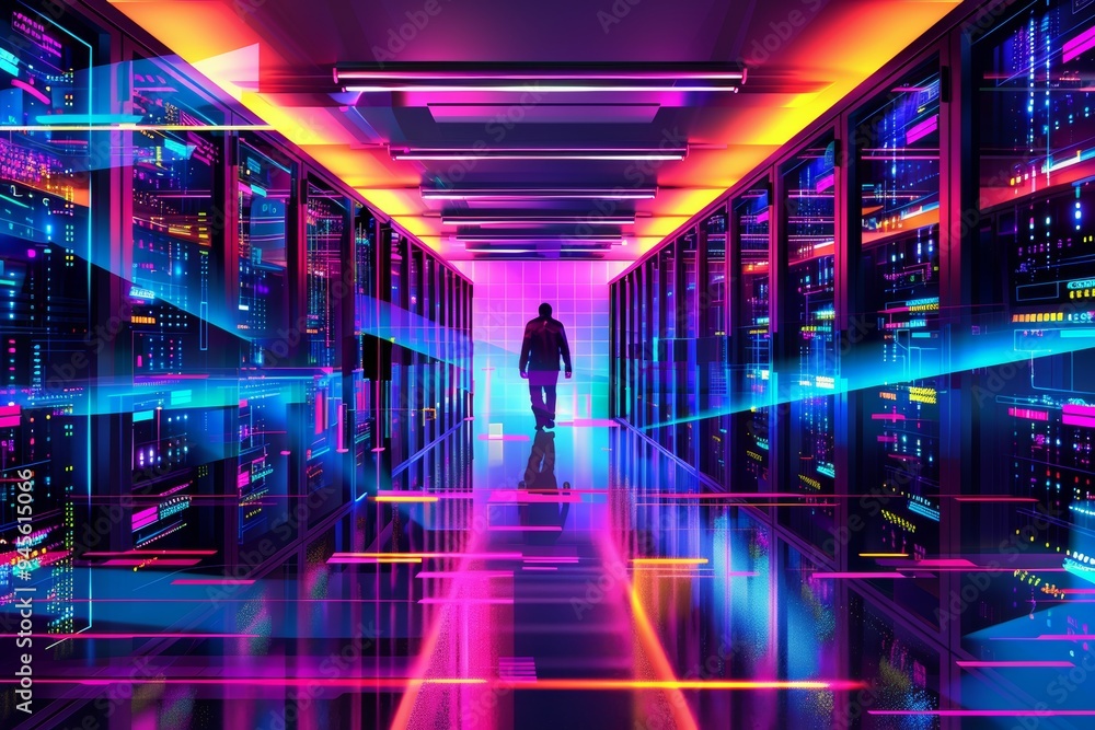 Poster man walking through futuristic server room with glowing lines, big data technology concept.