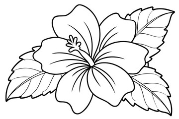 Hibiscus, flower and leaves. Vector. Coloring book page for adult. Hand drawn artwork. Black and white