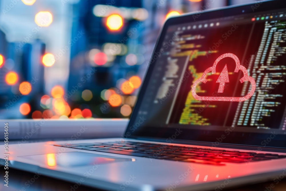 Poster laptop with cloud computing icon and code displayed against a city lights background at night