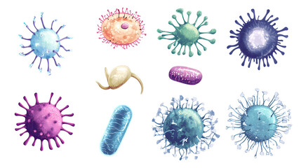 Set of microbes pathogen cell with different types of bacteria and virus isolated on transparent background