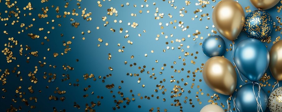 Celebration gold and blue balloons, confetti and ribbons. Festive background for birthday, anniversary, new year, christmas theme. Generative Ai&nbsp;