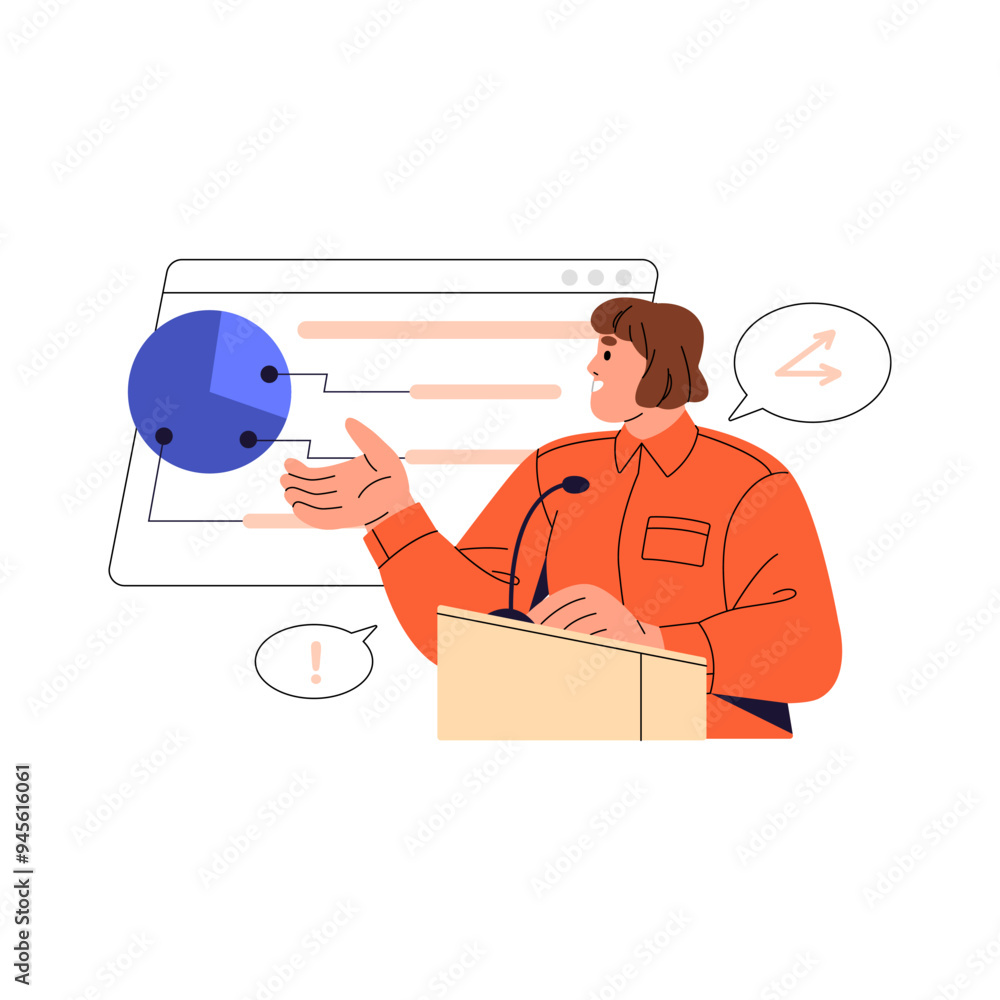 Poster professional speaker performs with business report. analyst presents speech with microphone from tri