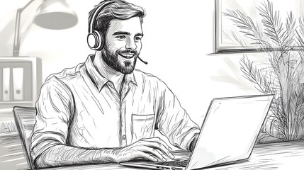 Happy customer service agent wearing a headset and talking to a laptop computer in an office. doodle style art