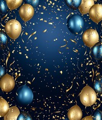 Celebration gold and blue balloons, confetti and ribbons. Festive background for birthday, anniversary, new year, christmas theme. Generative Ai 