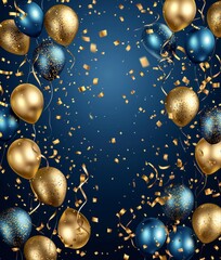 Celebration gold and blue balloons, confetti and ribbons. Festive background for birthday, anniversary, new year, christmas theme. Generative Ai 
