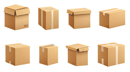 Set of realistic boxes parcels or cardboard from various side for packaging isolated on transparent background