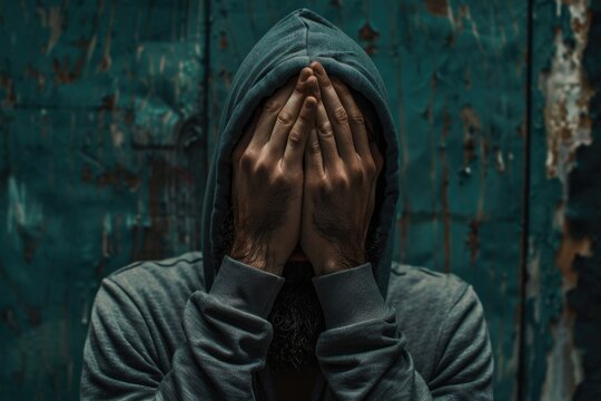A person wearing a hoodie covering their face with their hands, possibly for privacy or to conceal their identity