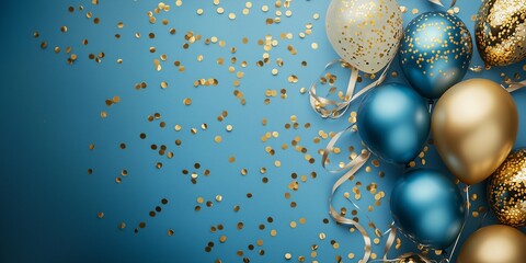 Celebration gold and blue balloons, confetti and ribbons. Festive background for birthday, anniversary, new year, christmas theme. Generative Ai 