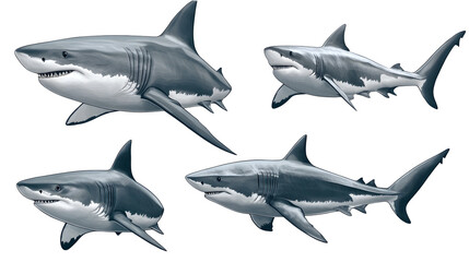 Set of realistic Great white Shark the famous predator in the ocean isolated on transparent background