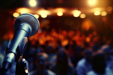 Microphone in front of large defocused theatre audience Vocal microphone waits in front of a large, unrecognizable theatre audience, lit from the rear of the theatre.