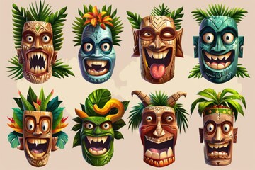 A collection of cartoon tiki heads featuring different facial expressions