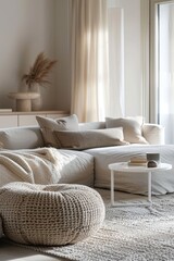 Cozy living space with various furniture pieces and natural light pouring in through the large window