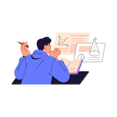 Pensive student learning geometry with textbooks. Thoughtful boy studies, solves exercises in book. Pupil does homework. School education. Flat isolated vector illustration on white background.