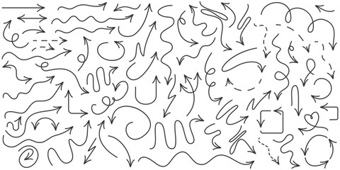 Collection of diverse black vector arrows in hand drawn style, including wavy, curved, and straight designs Arrow set for infographics, presentations, education and creative projects