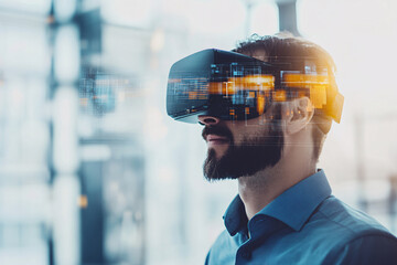 VR Immersion: A futuristic businessman explores the boundless possibilities of virtual reality, his eyes reflecting the cityscape through the headset, symbolizing a world of innovation and technologic