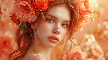 Naklejka premium There is a woman adorned with a beautiful wreath of flowers on her head