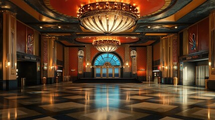 Obraz premium Movie theater lobby with an art deco design, featuring chandeliers and retro decor