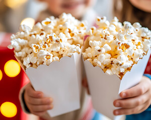Two children holding white boxes of popcorn