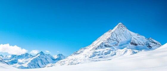 majestic snow-capped mountain peak against a clear blue sky in the himalayas, stunning panoramic view of a pristine winter landscape