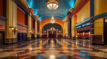 Obraz premium Movie theater lobby with an art deco design, featuring chandeliers and retro decor