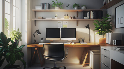 modern office interior with computer, modern kitchen interior, modern office interior
