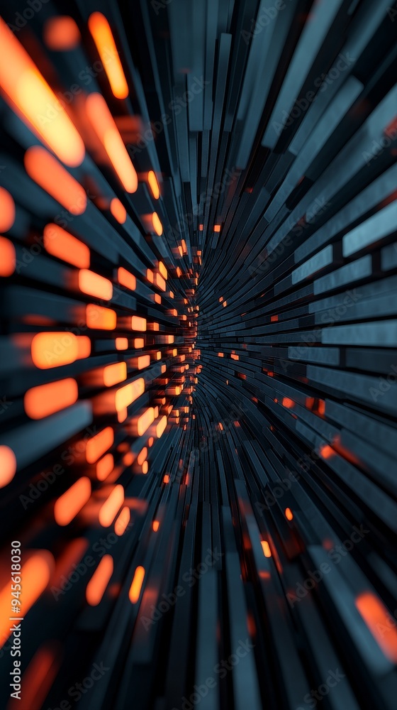 Poster abstract 3d tunnel of orange and gray blocks with glowing lights, futuristic technology background